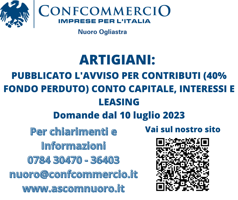 ARTIGIANI: PUBBLICATO L'AVVISO PER CONTRIBUTI (40% FONDO PERDUTO) CONTO CAPITALE INTERESSI E LEASING